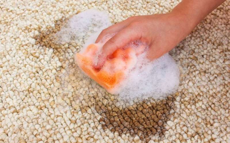 پاک کردن لکه روغن روی فرش، به وسیله مایع ظرفشویی یا مایع دستشویی
